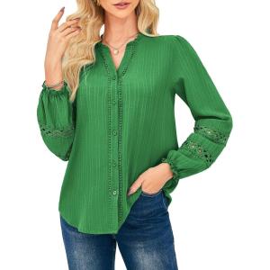 GRACE KARIN Women Dressy Casual Tops,Long Sleeve Button Down Ruffle Blouse,Work V Neck Shirt Summer Spring Business Outfit(Green)