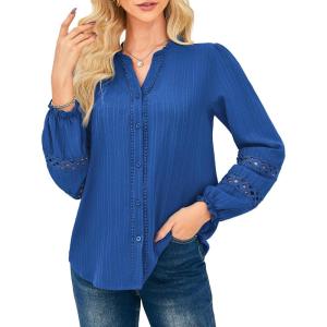 GRACE KARIN Women Dressy Casual Tops,Long Sleeve Button Down Ruffle Blouse,Work V Neck Shirt Summer Spring Business Outfit(Royal Blue)