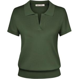 GRACE KARIN Women Short Sleeve Sweater, Business Casual Knit Polo Shirt, V Neck Collared Pullover Tops(Army Green)
