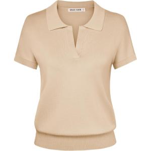 GRACE KARIN Women Short Sleeve Sweater, Business Casual Knit Polo Shirt, V Neck Collared Pullover Tops(Beige)