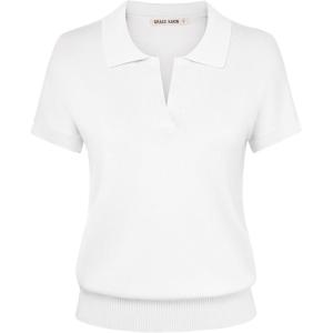 GRACE KARIN Women Short Sleeve Sweater, Business Casual Knit Polo Shirt, V Neck Collared Pullover Tops(Ivory White)