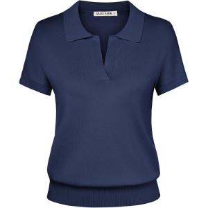 GRACE KARIN Women Short Sleeve Sweater, Business Casual Knit Polo Shirt, V Neck Collared Pullover Tops(Navy Blue)