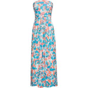 GRACE KARIN Women Strapless Dress Casual Loose Ruched Long Maxi Dress with Pockets(Blue Orange Flower)