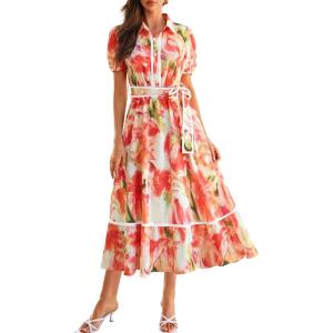 GRACE KARIN Women Summer Floral Maxi Dresses 2026 Wedding Guest Puff Sleeve Shirt Sundresses Boho Spring Clothes with Pockets(Orange Floral)
