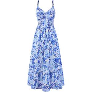 GRACE KARIN Women’s 2026 Summer Maxi Dress Floral Tie Front Spaghetti Strap Casual Boho Beach Flowy Sundress with Pockets(Blue Flower Vine)