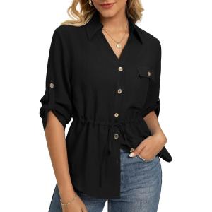 GRACE KARIN Womens Button Down Shirts, 3/4 Sleeve Dressy Casual Outifts, V Neck Peplum Tops with Pockets(Black)