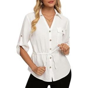 GRACE KARIN Womens Button Down Shirts, 3/4 Sleeve Dressy Casual Outifts, V Neck Peplum Tops with Pockets(Ivory)