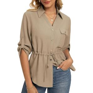 GRACE KARIN Womens Button Down Shirts, 3/4 Sleeve Dressy Casual Outifts, V Neck Peplum Tops with Pockets(Khaki)