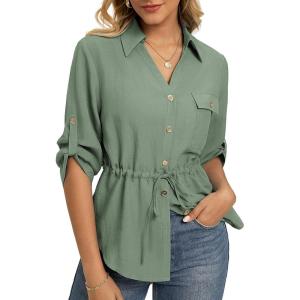 GRACE KARIN Womens Button Down Shirts, 3/4 Sleeve Dressy Casual Outifts, V Neck Peplum Tops with Pockets(Light Green)