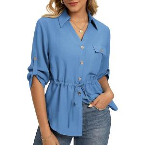GRACE KARIN Womens Button Down Shirts, 3/4 Sleeve Dressy Casual Outifts, V Neck Peplum Tops with Pockets(Sky Blue)