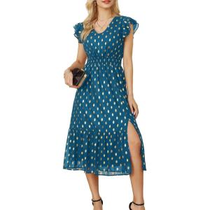 GRACE KARIN Women’s Cocktail Dresses 2025 V Neck Ruffle Sleeve Dress, A-Line Midi Swing Wedding Guest Sundresses(Peacock Blue-gold Dots)