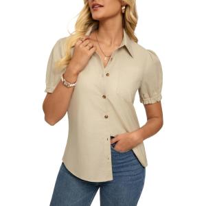 GRACE KARIN Women’s Cotton Linen Blouse V Neck Puff Short Sleeve Button Down Work Summer Tops(Beige)