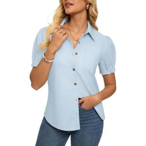 GRACE KARIN Women’s Cotton Linen Blouse V Neck Puff Short Sleeve Button Down Work Summer Tops(Sky Blue)