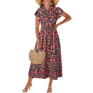 GRACE KARIN Women’s Floral Boho Dress Hawaiian Dresse Short Sleeve V Neck Summer Beach Wedding Guest Swing Maxi Sundress(Black With Red Flower)
