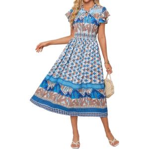 GRACE KARIN Women’s Floral Boho Dress Hawaiian Dresse Short Sleeve V Neck Summer Beach Wedding Guest Swing Maxi Sundress(Blue Coconut)