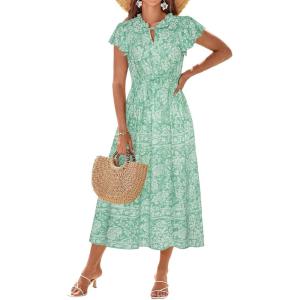 GRACE KARIN Women’s Floral Boho Dress Hawaiian Dresse Short Sleeve V Neck Summer Beach Wedding Guest Swing Maxi Sundress(Green White Floral)