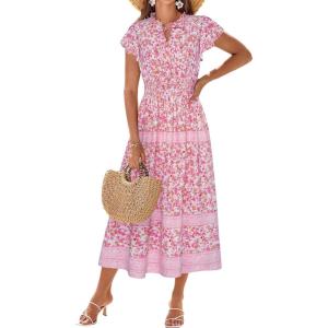 GRACE KARIN Women’s Floral Boho Dress Hawaiian Dresse Short Sleeve V Neck Summer Beach Wedding Guest Swing Maxi Sundress(Pink Little Floral)