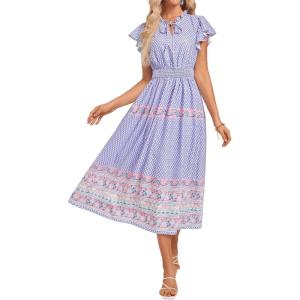 GRACE KARIN Women’s Floral Boho Dress Hawaiian Dresse Short Sleeve V Neck Summer Beach Wedding Guest Swing Maxi Sundress(Purple Pink Flower)