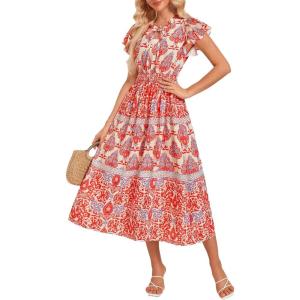 GRACE KARIN Women’s Floral Boho Dress Hawaiian Dresse Short Sleeve V Neck Summer Beach Wedding Guest Swing Maxi Sundress(Red Bohemia)