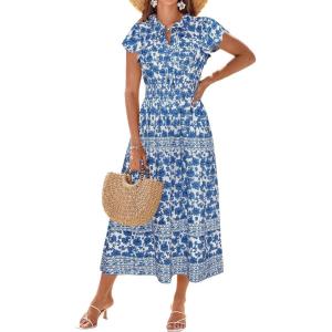 GRACE KARIN Women’s Floral Boho Dress Hawaiian Dresse Short Sleeve V Neck Summer Beach Wedding Guest Swing Maxi Sundress(White Blue Floral)