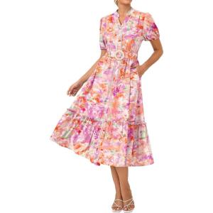 GRACE KARIN Womens Summer Floral Maxi Dress 2026 Casual Puff Short Sleeve Shirt Dress Boho Flowy Dresses with Pockets & Belt(Pink Orange Floral)