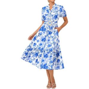 GRACE KARIN Womens Summer Floral Maxi Dress 2026 Casual Puff Short Sleeve Shirt Dress Boho Flowy Dresses with Pockets & Belt(White Blue Floral)