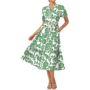 GRACE KARIN Womens Summer Floral Maxi Dress 2026 Casual Puff Short Sleeve Shirt Dress Boho Flowy Dresses with Pockets & Belt(White Green Floral)
