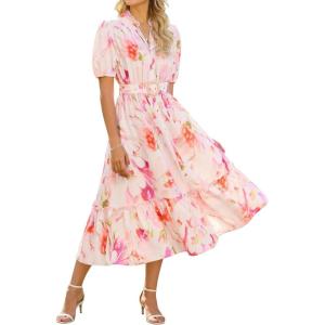 GRACE KARIN Womens Summer Floral Maxi Dress 2026 Casual Puff Short Sleeve Shirt Dress Boho Flowy Dresses with Pockets & Belt(White Pink Floral)