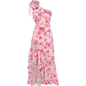 GRACE KARIN Womens Summer One Shoulder Sleeveless Dresses Floral Flowy Ruffle High Low Wedding Guest Maxi Sundresses(Pink Red)