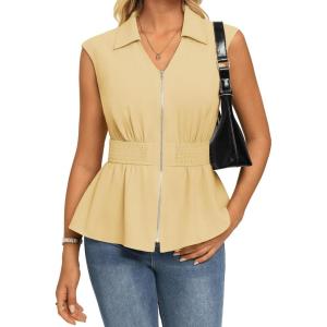 GRACE KARIN Womens Summer Sleeveless Tops Dressy,Business Casual Work Peplum Blouses,Zip V Neck Trendy Shirts Smocked Waist(Beige)