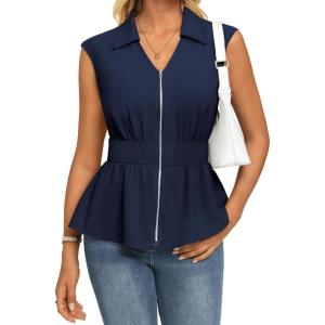 GRACE KARIN Womens Summer Sleeveless Tops Dressy,Business Casual Work Peplum Blouses,Zip V Neck Trendy Shirts Smocked Waist(Navy Blue)
