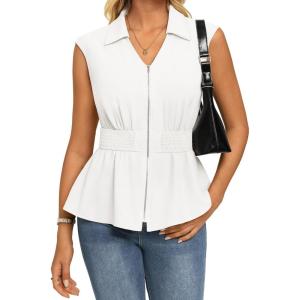 GRACE KARIN Womens Summer Sleeveless Tops Dressy,Business Casual Work Peplum Blouses,Zip V Neck Trendy Shirts Smocked Waist(White)