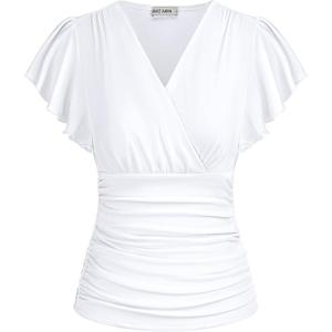 GRACE KARIN Womens Tops Dressy Casual, 2026 Ruffle Sleeve Wrap Blouses, V Neck Ruched Business Work Shirts White S