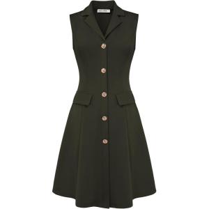 GRACE KARIN Work Dresses for Women 2026 Sleeveless Button Business Midi Dress Notch Lapel V Neck Formal Office A Line Dresses(Army Green)