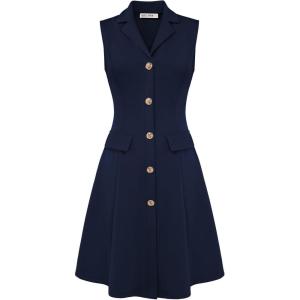 GRACE KARIN Work Dresses for Women 2026 Sleeveless Button Business Midi Dress Notch Lapel V Neck Formal Office A Line Dresses(Navy Blue)