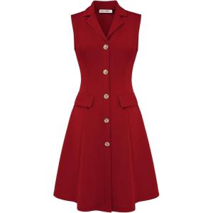 GRACE KARIN Work Dresses for Women 2026 Sleeveless Button Business Midi Dress Notch Lapel V Neck Formal Office A Line Dresses(Red)