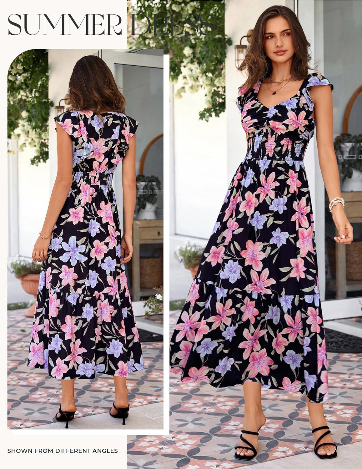 imageGRACE KARIN 2026 Summer Boho Maxi Dresses for Women Ruffle Sleeve Floral Dress Flowy Aline Wedding Guest Dress with PocketBlack Red Purple