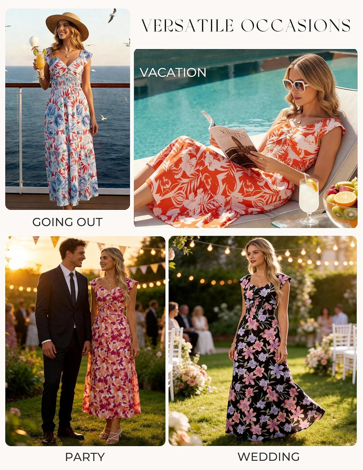 imageGRACE KARIN 2026 Summer Boho Maxi Dresses for Women Ruffle Sleeve Floral Dress Flowy Aline Wedding Guest Dress with PocketBlack Red Purple