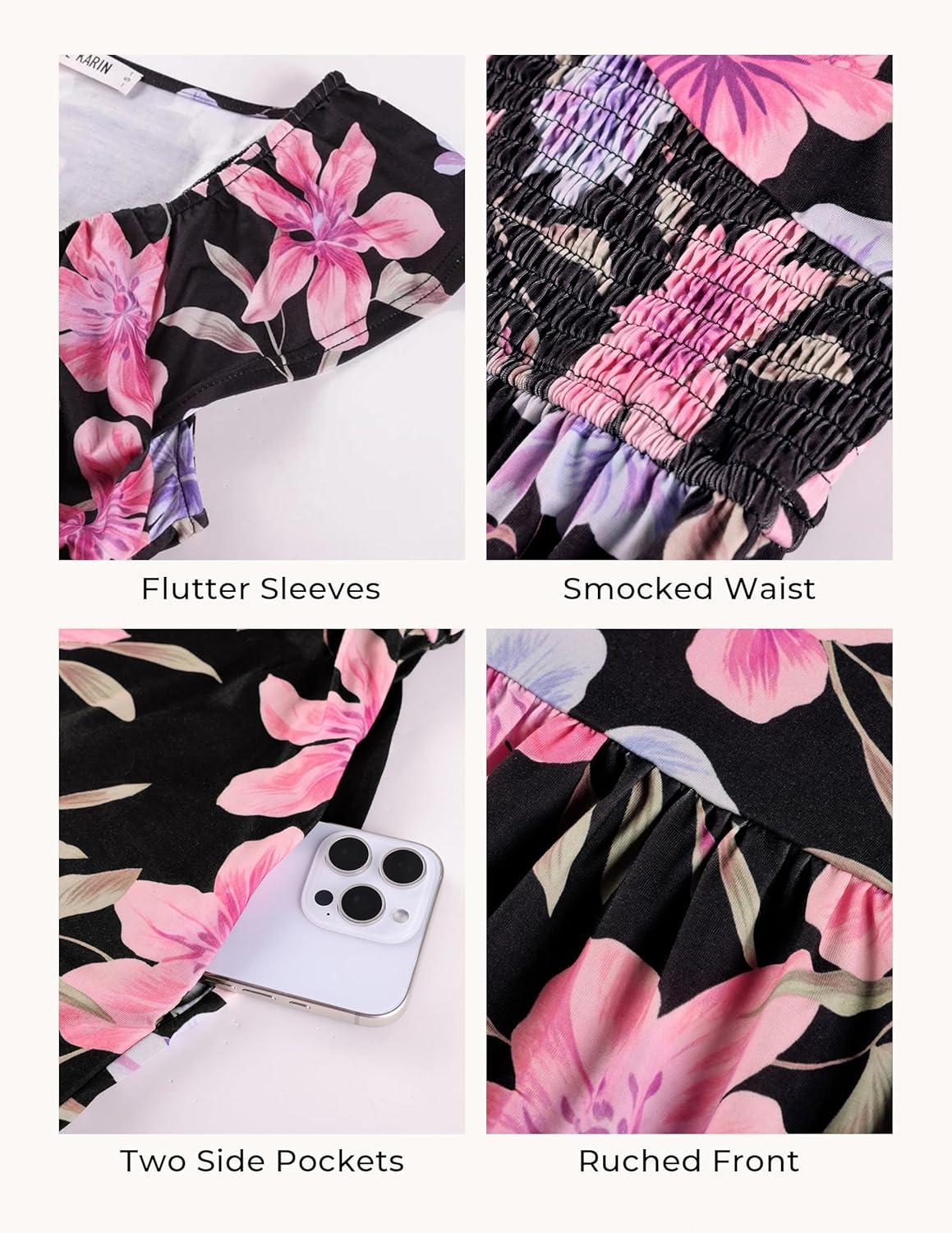 imageGRACE KARIN 2026 Summer Boho Maxi Dresses for Women Ruffle Sleeve Floral Dress Flowy Aline Wedding Guest Dress with PocketBlack Red Purple