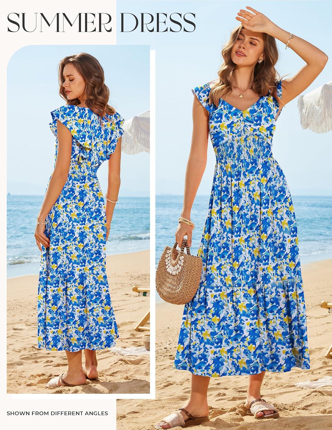 imageGRACE KARIN 2026 Summer Boho Maxi Dresses for Women Ruffle Sleeve Floral Dress Flowy Aline Wedding Guest Dress with PocketBlue Yellow