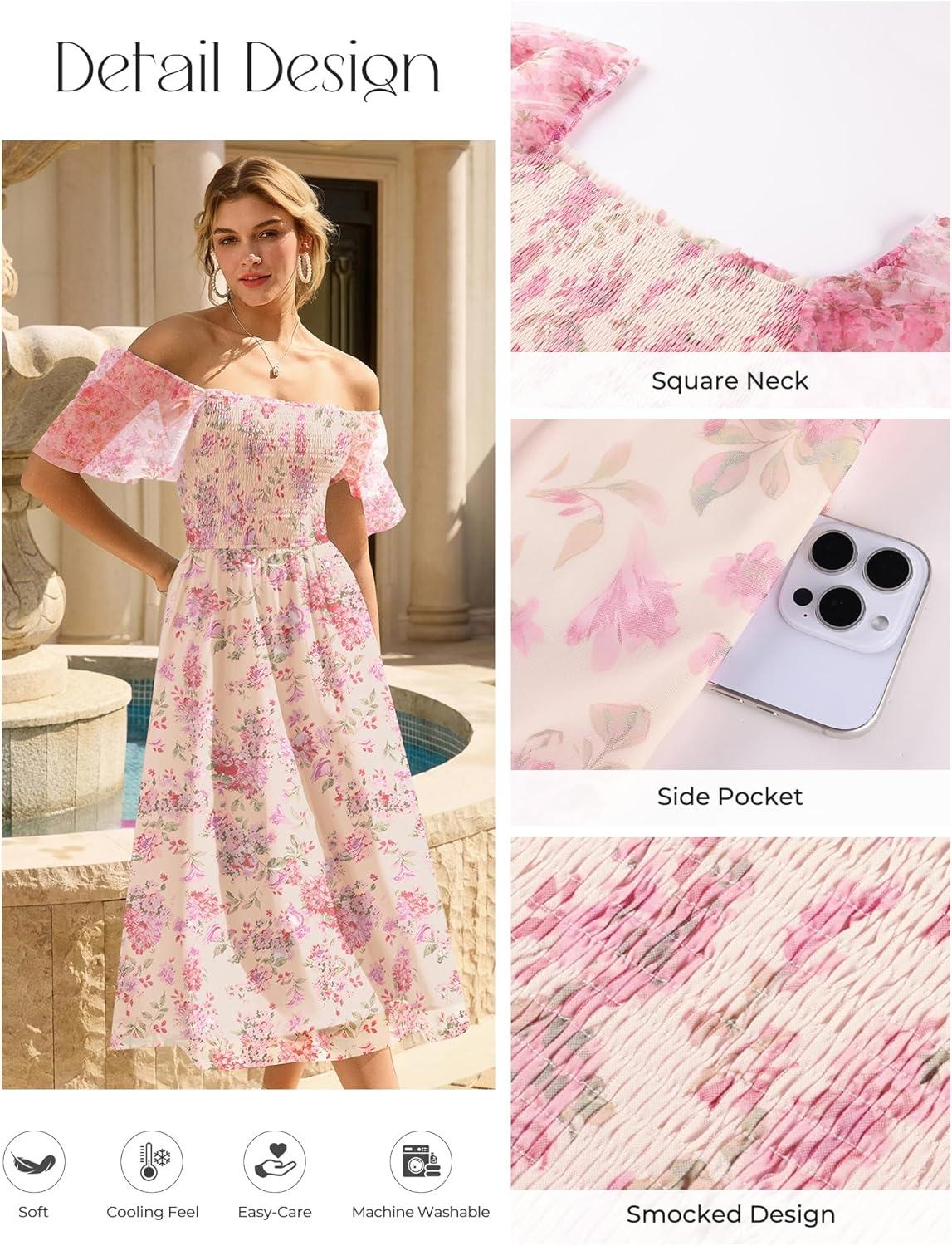 imageGRACE KARIN Womens Summer Floral Maxi Dress 2026 Square Neck Smocked Mesh Dresses Short Sleeve Wedding Guest SundressFloral Apricot Pink
