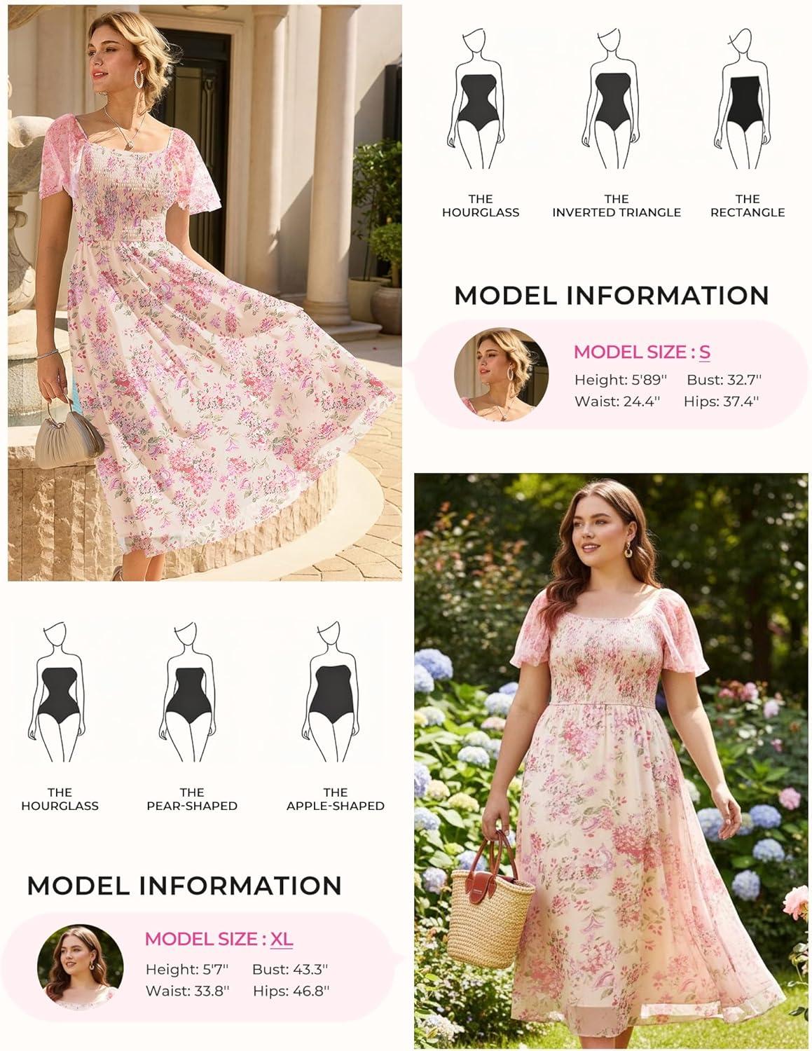 imageGRACE KARIN Womens Summer Floral Maxi Dress 2026 Square Neck Smocked Mesh Dresses Short Sleeve Wedding Guest SundressFloral Apricot Pink