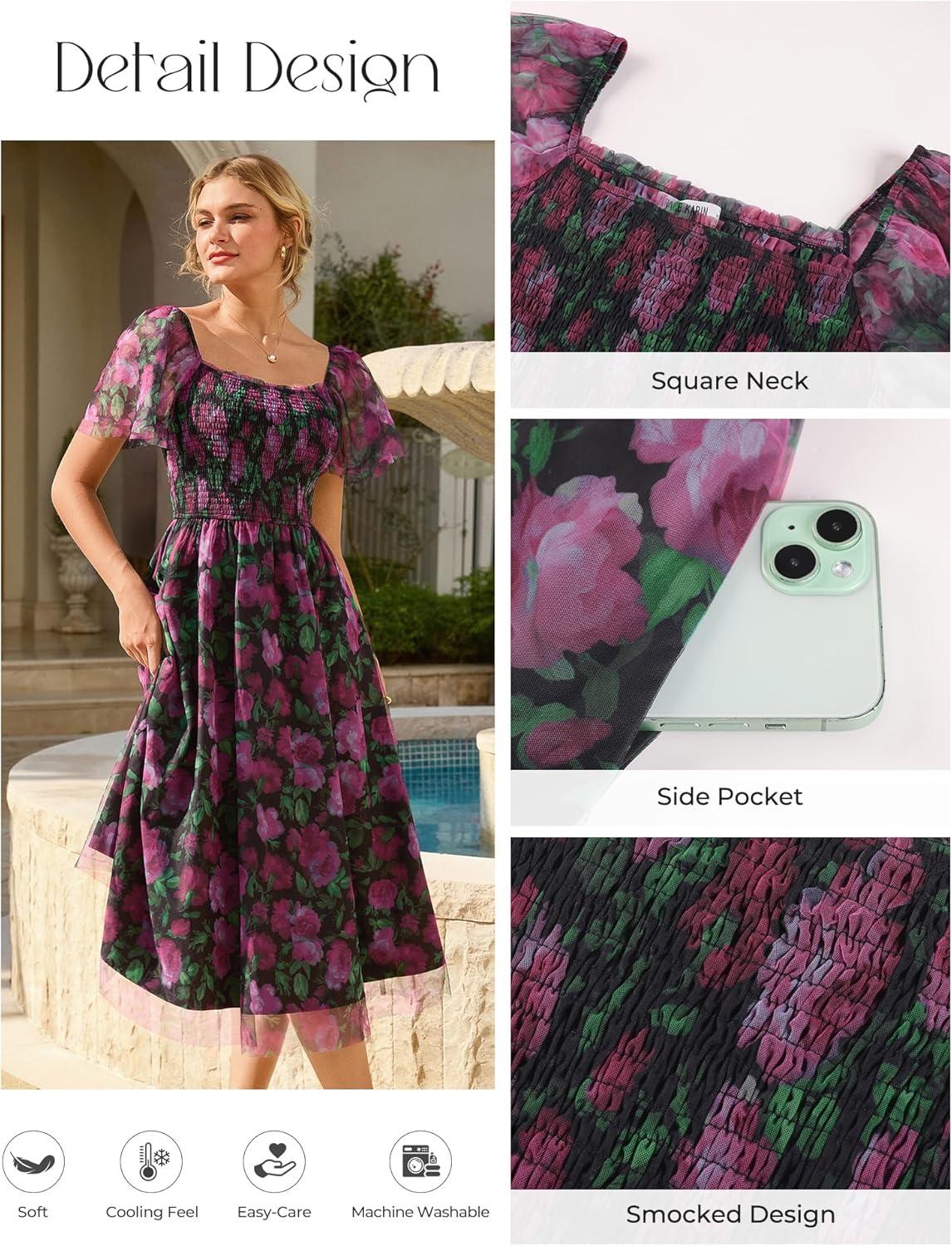 imageGRACE KARIN Womens Summer Floral Maxi Dress 2026 Square Neck Smocked Mesh Dresses Short Sleeve Wedding Guest SundressFloral Black Red