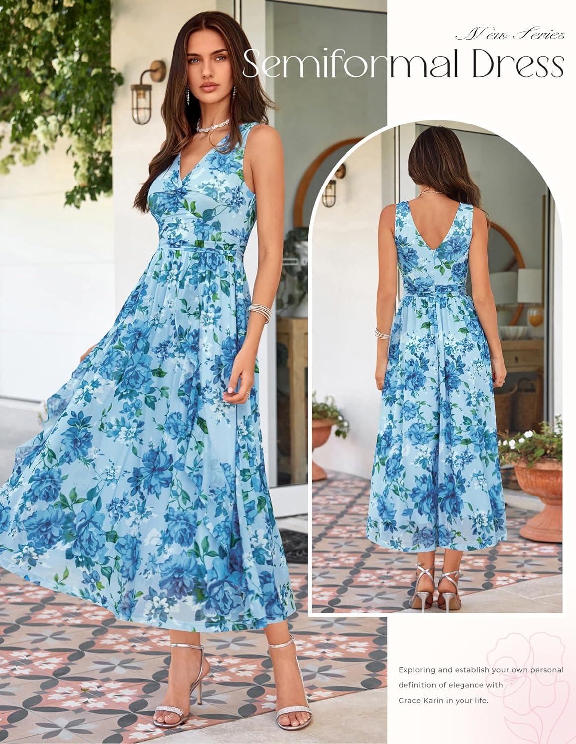 imageGRACE KARIN Womens Summer Sleeveless Maxi Dress V Neck Floral Wedding Guest Dress A Line Ruffle Beach Vacation ClothesBlue Floral