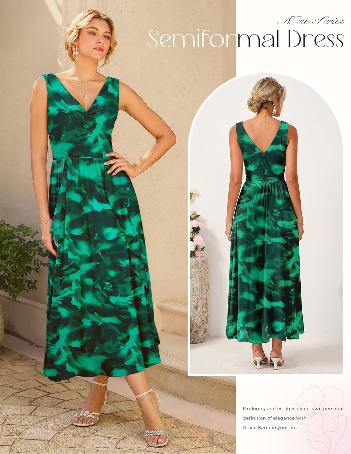 imageGRACE KARIN Womens Summer Sleeveless Maxi Dress V Neck Floral Wedding Guest Dress A Line Ruffle Beach Vacation ClothesGreen Floral