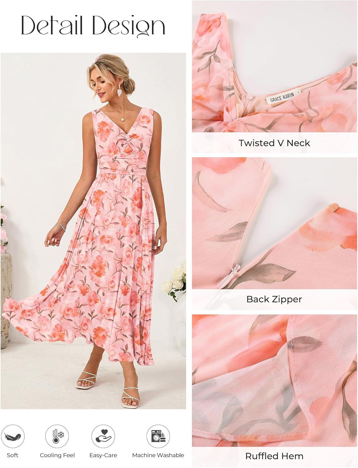 imageGRACE KARIN Womens Summer Sleeveless Maxi Dress V Neck Floral Wedding Guest Dress A Line Ruffle Beach Vacation ClothesOrange Floral