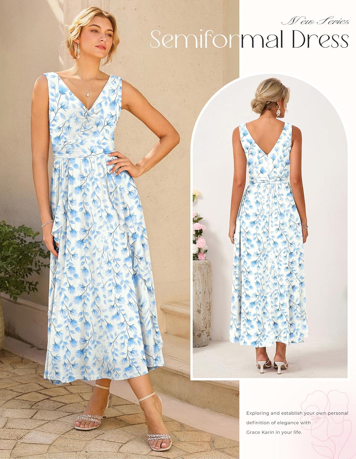imageGRACE KARIN Womens Summer Sleeveless Maxi Dress V Neck Floral Wedding Guest Dress A Line Ruffle Beach Vacation ClothesWhite Blue