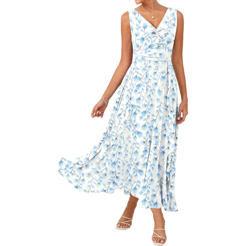 imageGRACE KARIN Womens Summer Sleeveless Maxi Dress V Neck Floral Wedding Guest Dress A Line Ruffle Beach Vacation ClothesWhite Blue