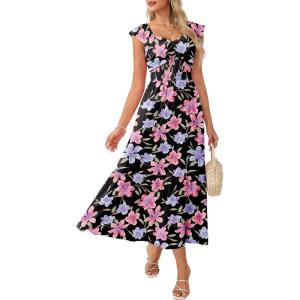 GRACE KARIN 2026 Summer Boho Maxi Dresses for Women Ruffle Sleeve Floral Dress Flowy A-line Wedding Guest Dress with Pocket(Black Red Purple)