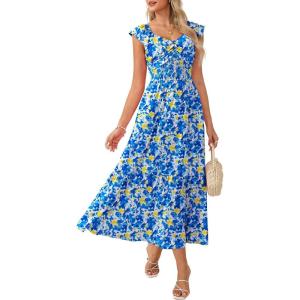 GRACE KARIN 2026 Summer Boho Maxi Dresses for Women Ruffle Sleeve Floral Dress Flowy A-line Wedding Guest Dress with Pocket(Blue Yellow)
